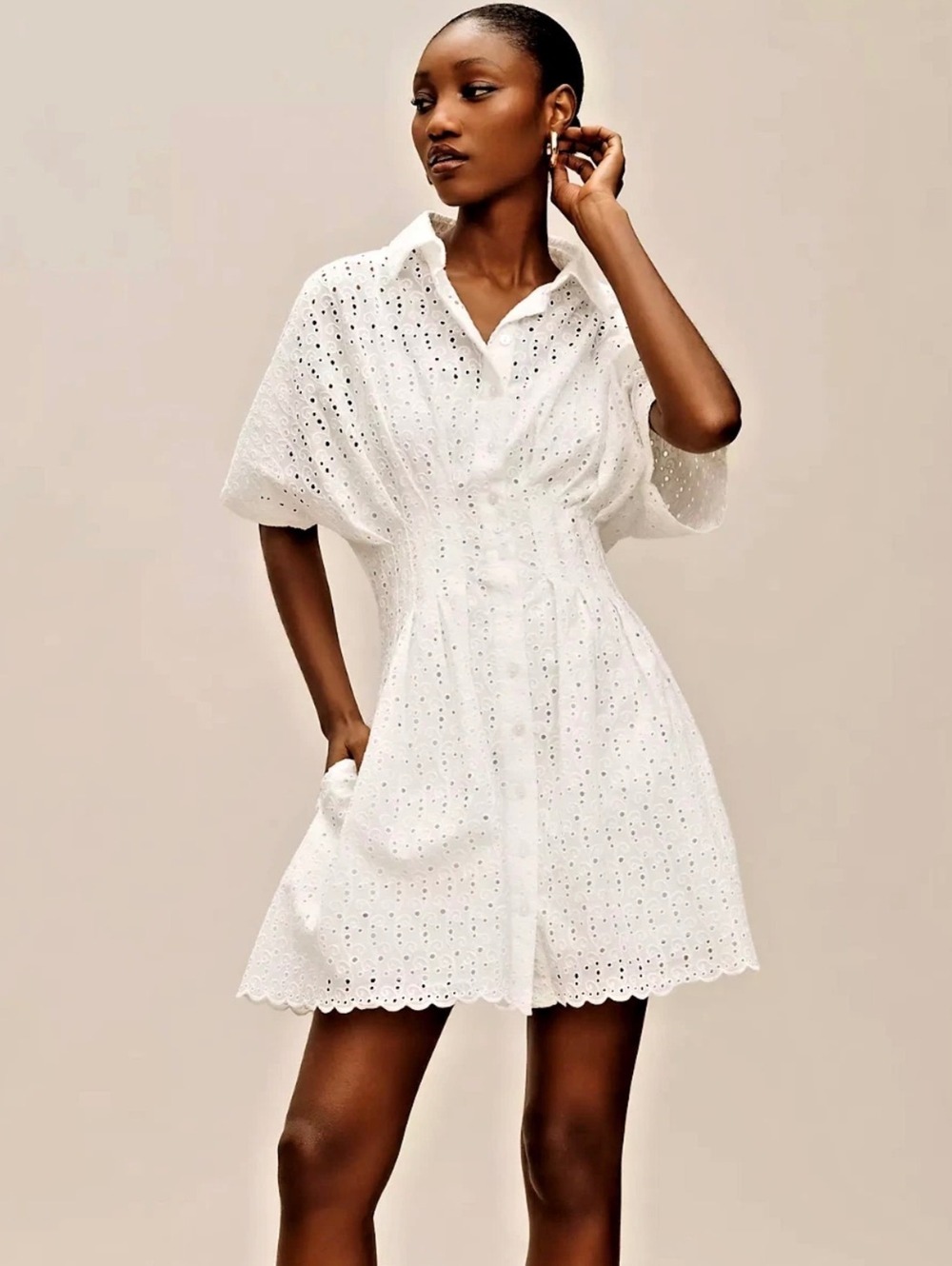 Exquise Tobie Eyelet Mini Shirtdress White Cotton Button Front Size Small
